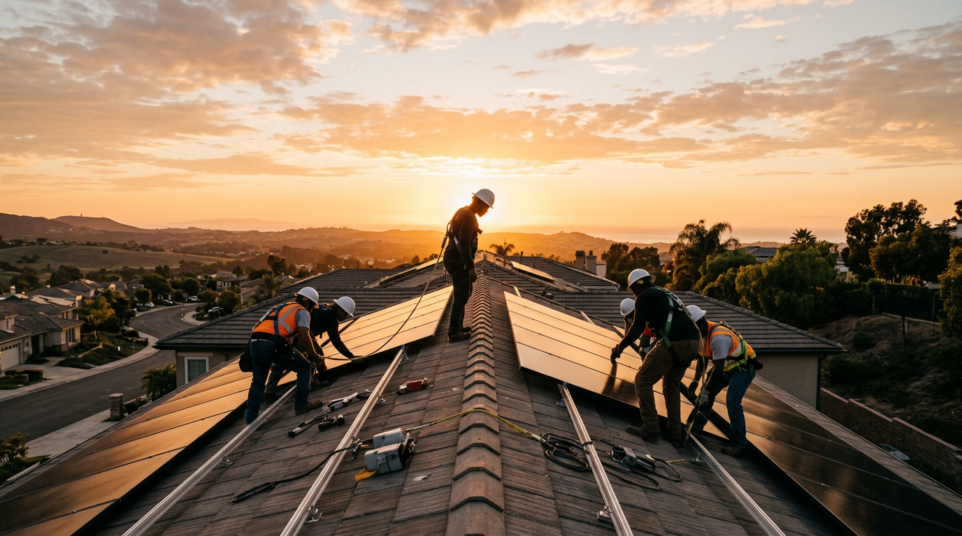 Solar installation crew on a residential rooftop at sunset
