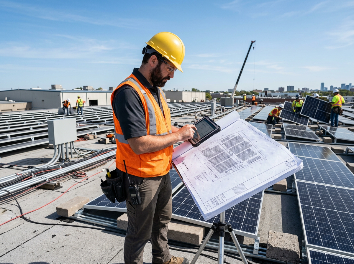 Solar project manager reviewing blueprints on a commercial rooftop
