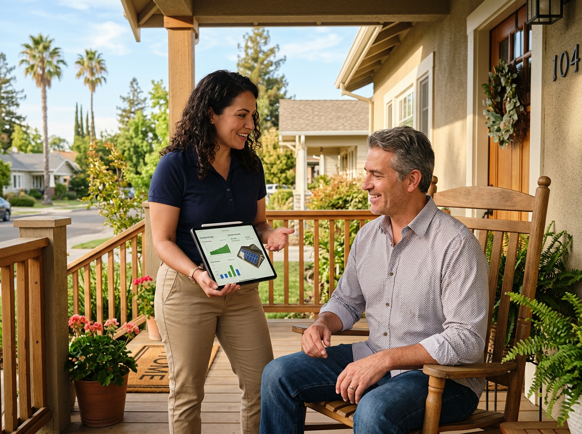 Solar sales rep meeting with a homeowner on a front porch
